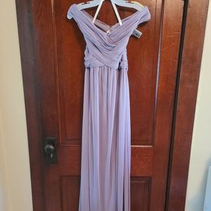 Off the shoulder, long, bridesmaid dress
